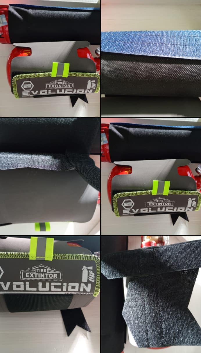 Funda soporte con abrojo para matafuego vehicular, fijación a alfombra