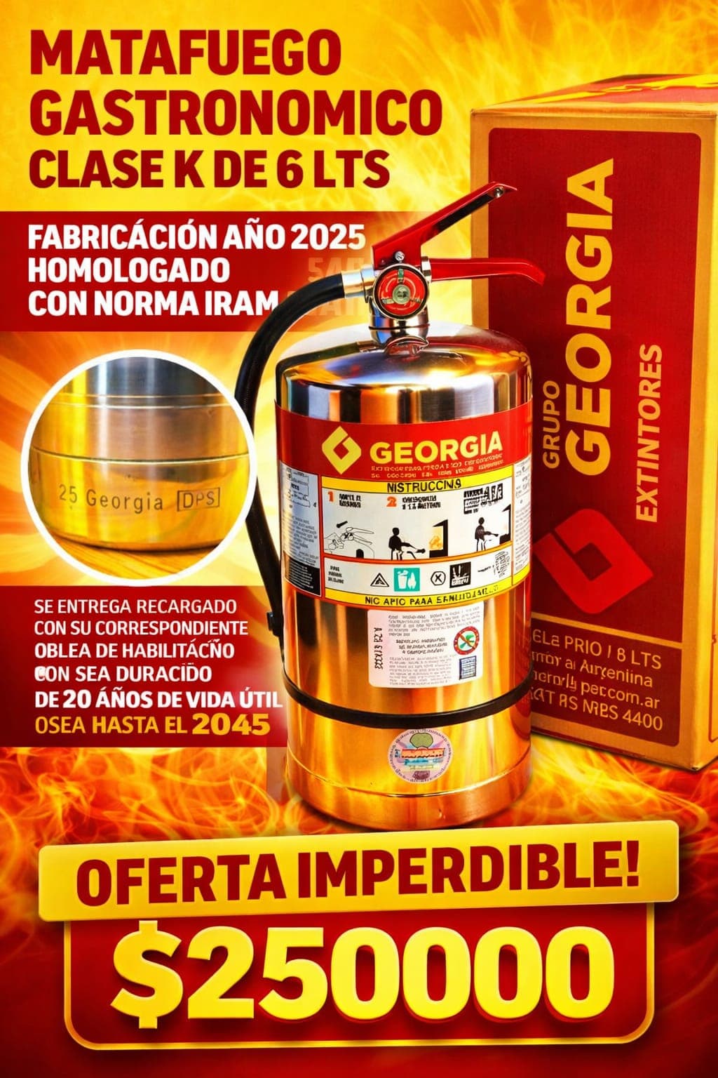 Matafuego gastronómico Clase K de 6 litros para cocinas y freidoras